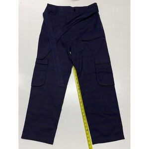 ZARA Women Plaid Wide Leg Cargo Pants Belted Navy Blue Size L Baggy‎